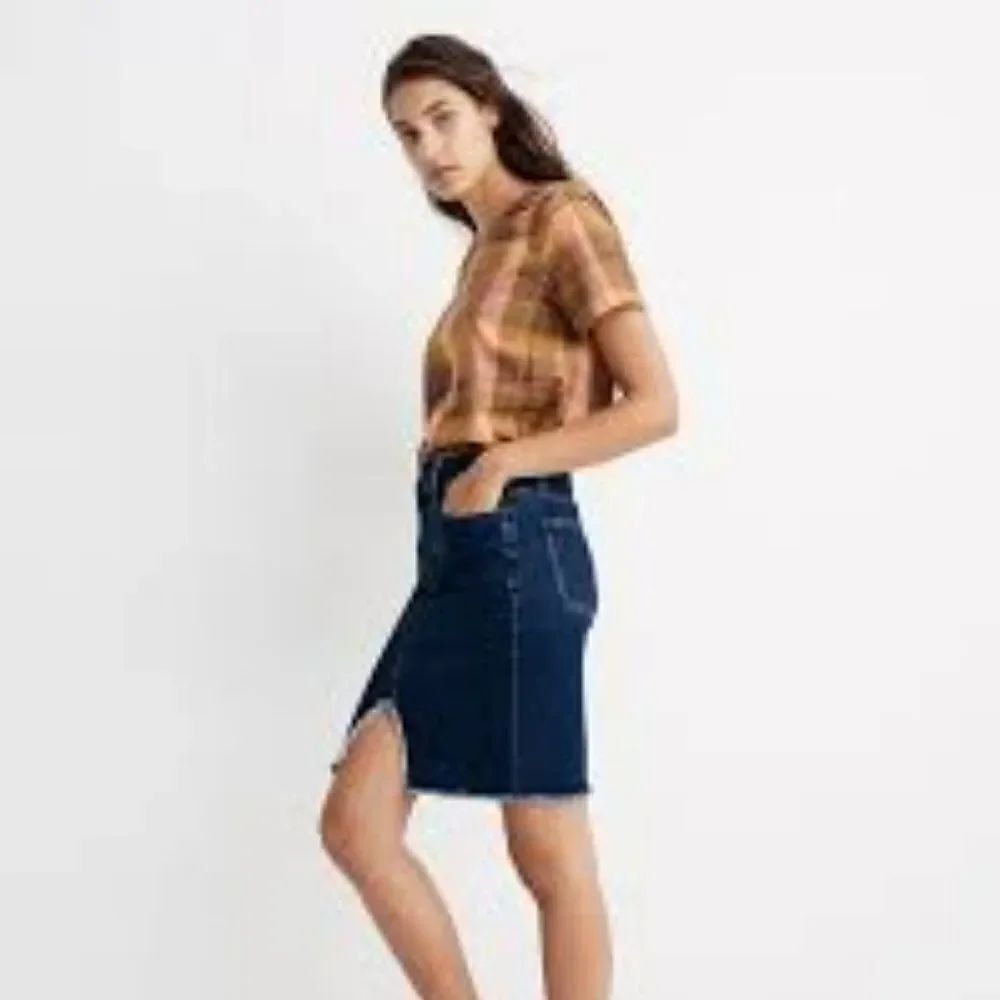 MADEWELL STRETCH DENIM PEGGED MINI SKIRT WITH RAW HEM SIZE 29